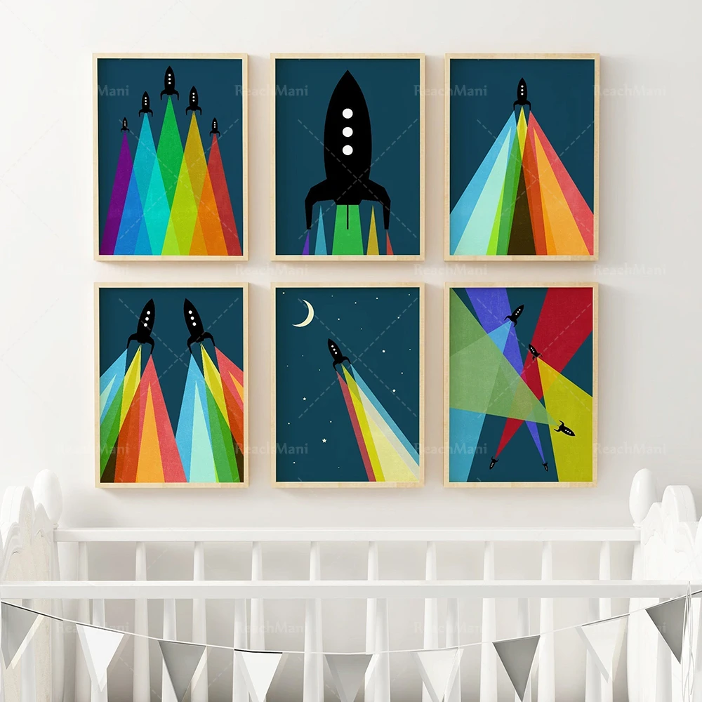 

Space nursery decoration, 6-piece printable set, outer space printing, boy nursery decoration, space wall art, rainbow blue prin