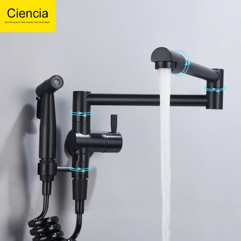 Ciencia Brass Kitchen Sink Pot Filler Faucet Wall Mount Kitchen Faucet with Side Sprayer for Cold Water Only