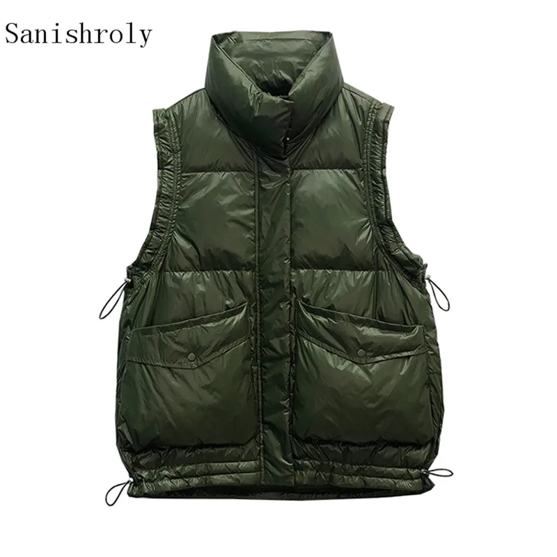 Women Ultra Light White Duck Down Vest Stand Collar Sleeveless Drawstring Down Waistcoat Lady Short Autumn Winter Puffer Jacket