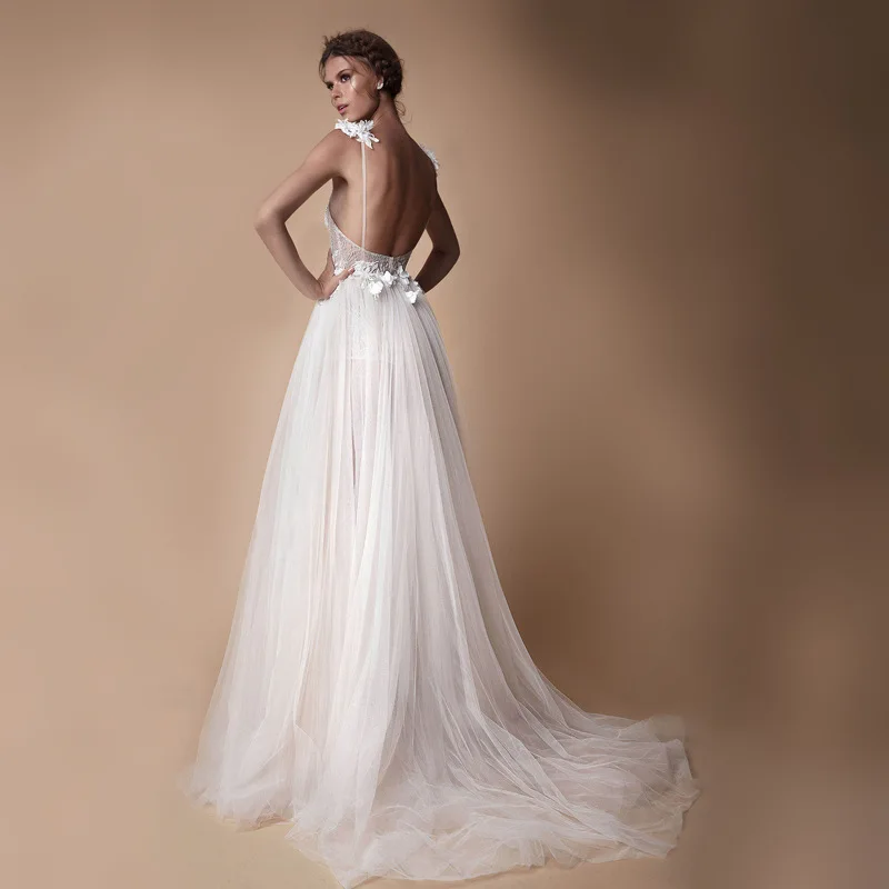 Abito da sposa Sexy scollo a v profondo con spacco alto 2021 pizzo Backless A-line principessa abiti da sposa di lusso Robe De Marie