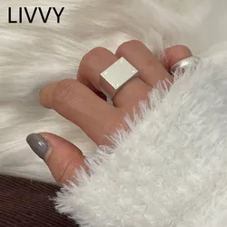 LIVVY Silver Color Geometric Rectangle Ring For Women Large Adjustable  Punk Fashion Jewelry Accessories Wholesale Gift