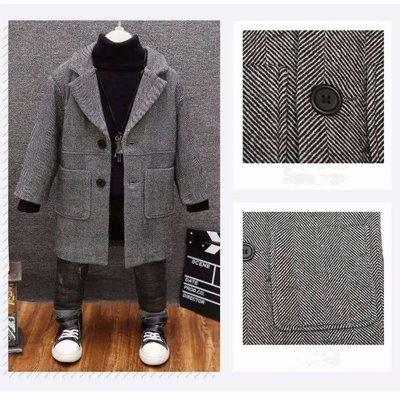 Boys Woolen Coat 2024 Spring Autumn New Fashion Solid Turn Collar Outwear 5-14T Children Overcoat High Quality