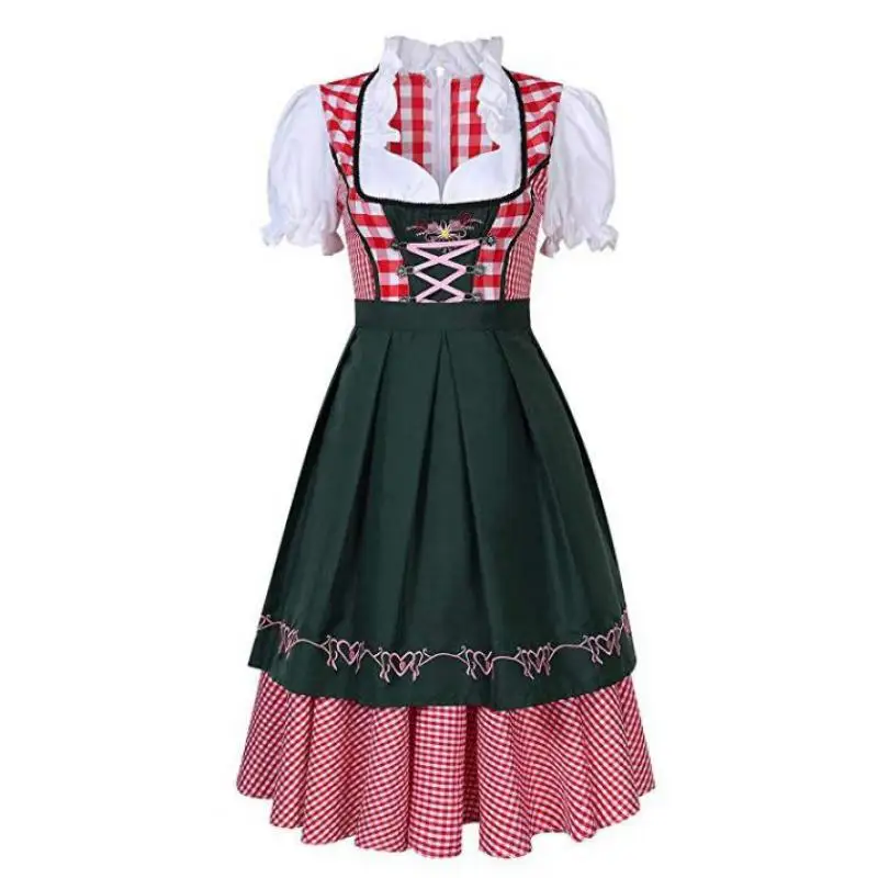 High Quality Traditional German Plaid Dirndl Dress Oktoberfest Costume Outfit For Adult Women Halloween Cosplay Fancy Party