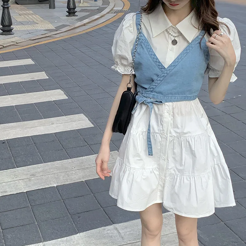 2 Piece Set Women Summer High Waist Dress Y2K Denim Camisole + Mini Dress Elegant Puff Sleeve A-line Dress Vintage Slim Dresses