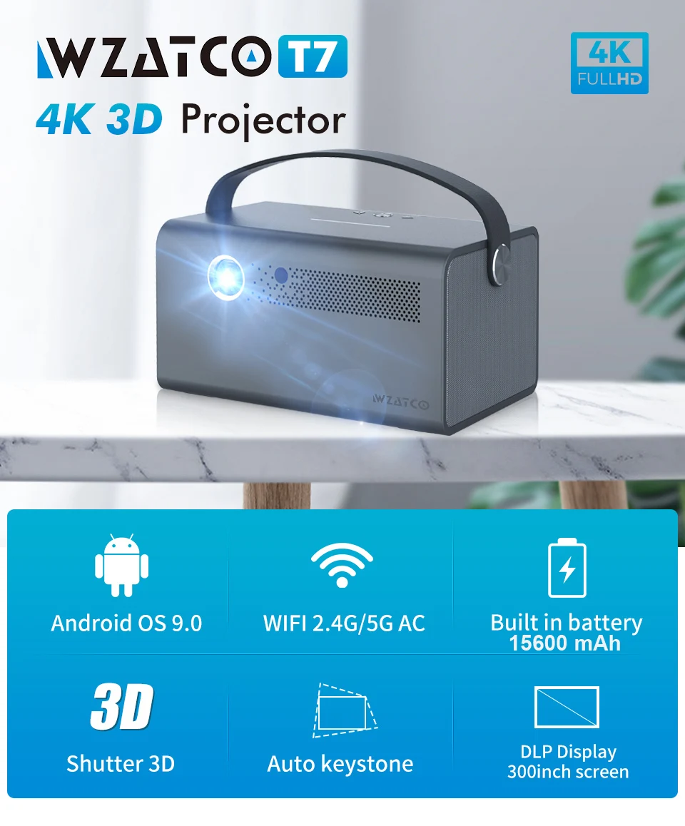 WZATCO T7 300-дюймовый DLP 3D-проектор Smart LED Proyector Bluetooth Портативный мини-Android 9.0 WIFI Beamer Встроенный аккумулятор 15600 мАч