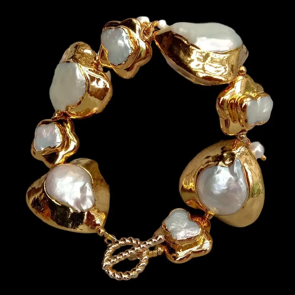 Y·YING natural White Keshi Pearl Heart and Butterfly Shape with gold color plated Edge Bracelet 9