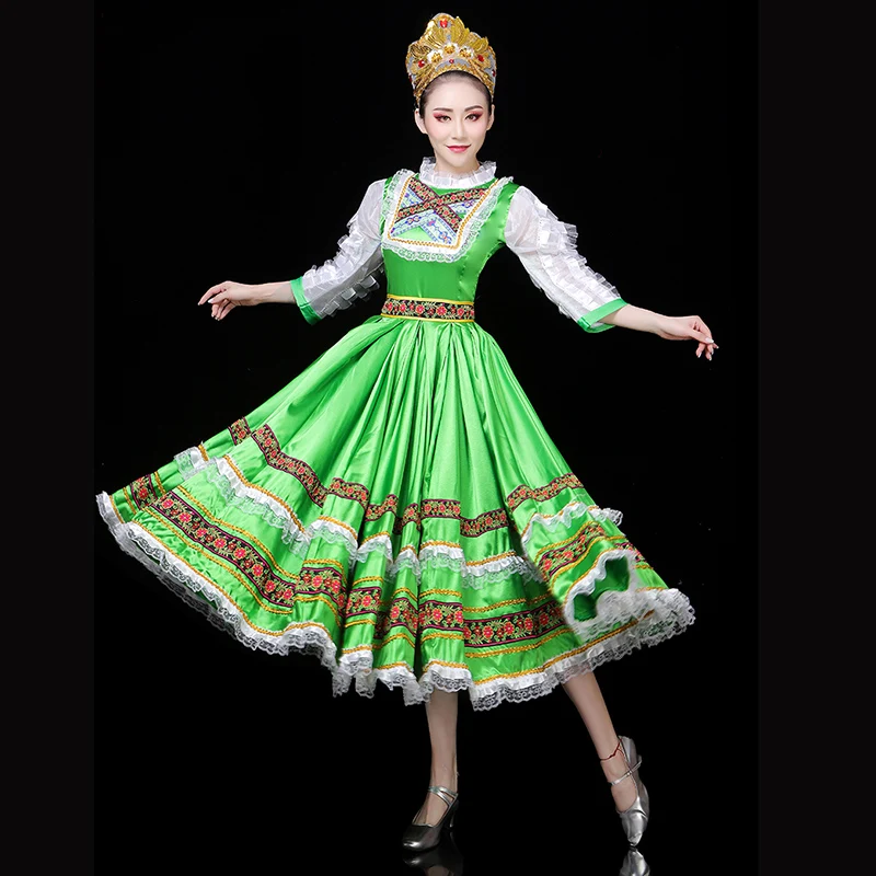 Russian Folk Dance Dress Costume Big Swing Hem,European Style Gorgeous Green Palace Dress Princess Maid Costume Stage Performanc