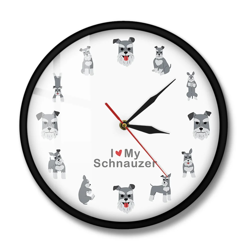 I Love Schnauzer Wall Decor Hanging Wall Watch Miniature Schnauzer Cartoon Style Printed Wall Clock Schnauzer Owners Home Decor