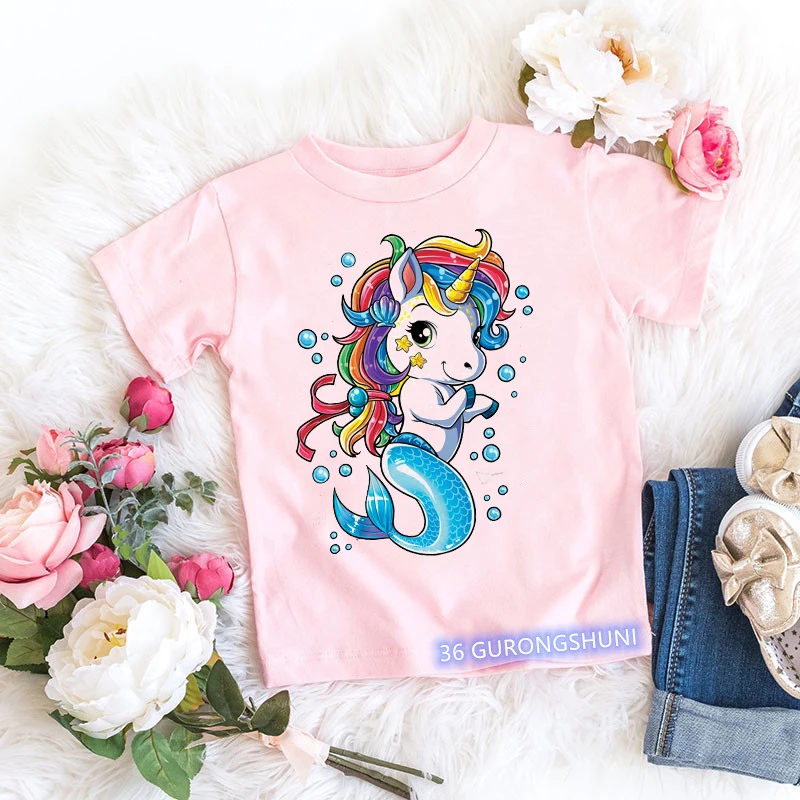 Kawaii girls t-shirt funny rainbow unicorn cartoon print kids tshirt summer aesthetic girls clothes  toddler baby t shirt