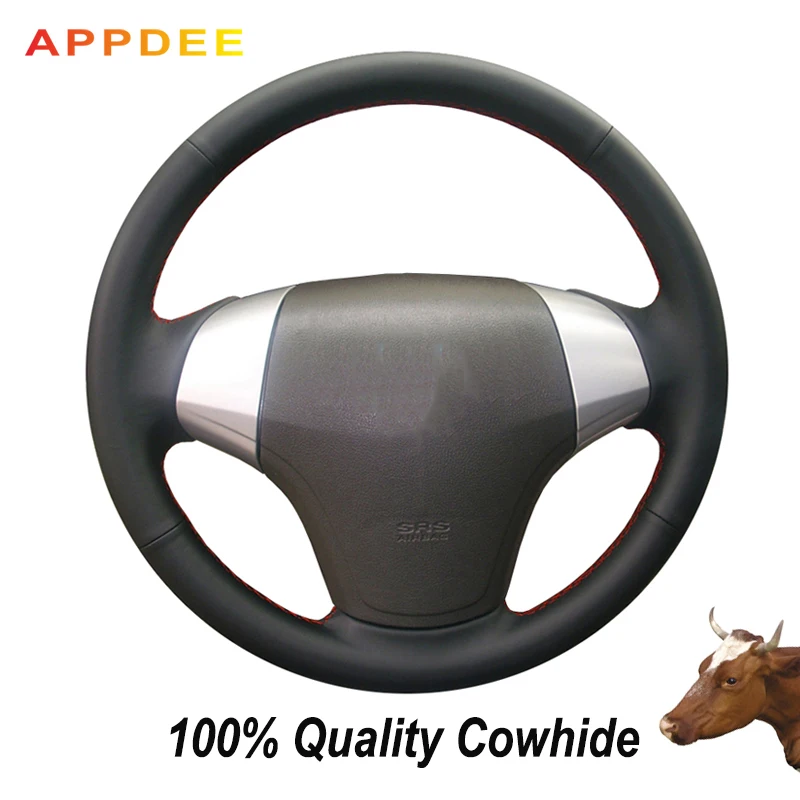 APPDEE Hand-stitched Black Genuine Leather Steering Wheel Cover for Hyundai Elantra 2008 2009 2010