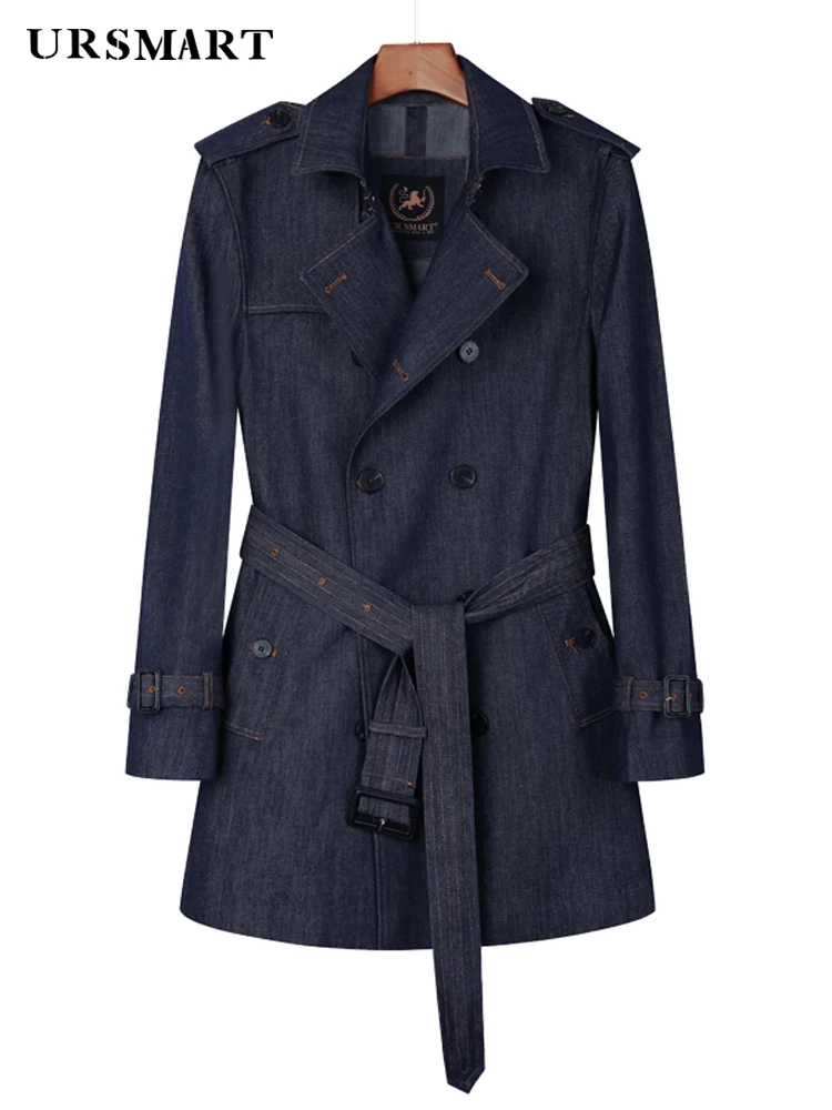 Denim windbreaker men's classic medium long double row button fadeless thickened warmth British fashion black coat men's fashion