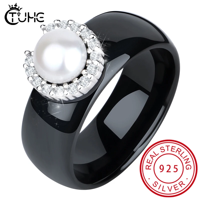 S925 Sterling Silver Rings for Women  Real Pearl Ring Gemstone Ceramic Romantic Gift Engagement Jewelry