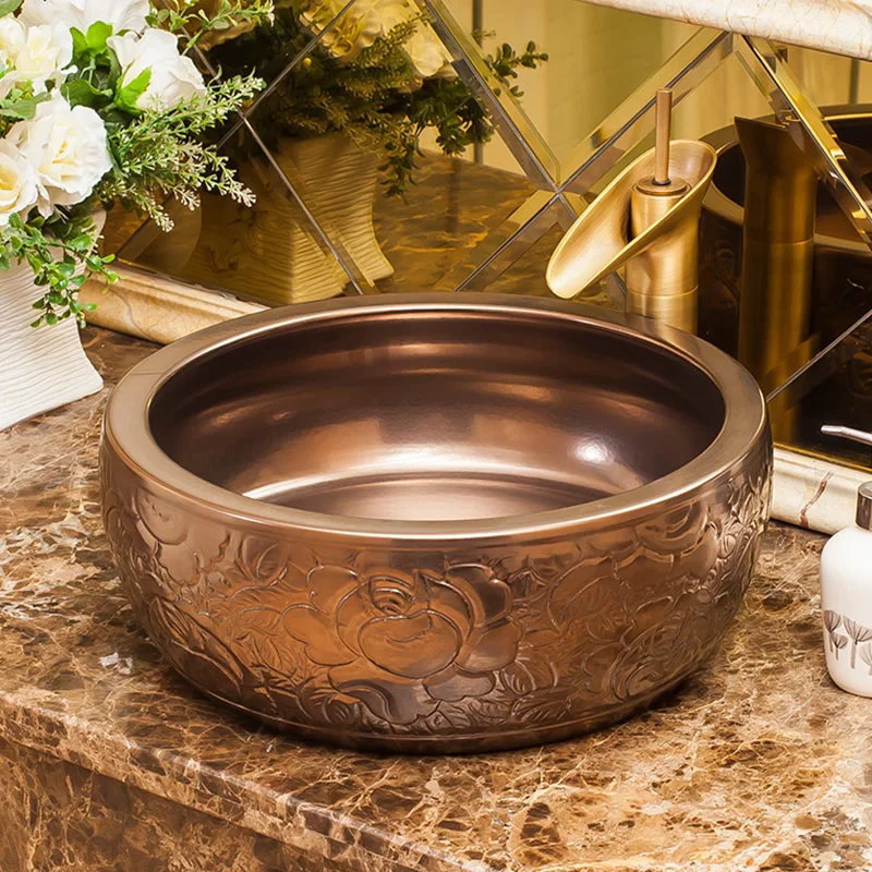 Rose gold China Handmade Lavabo Washbasin Art wash basin Ceramic Counter Top Wash Basin Bathroom Sinks vessel sink bowls