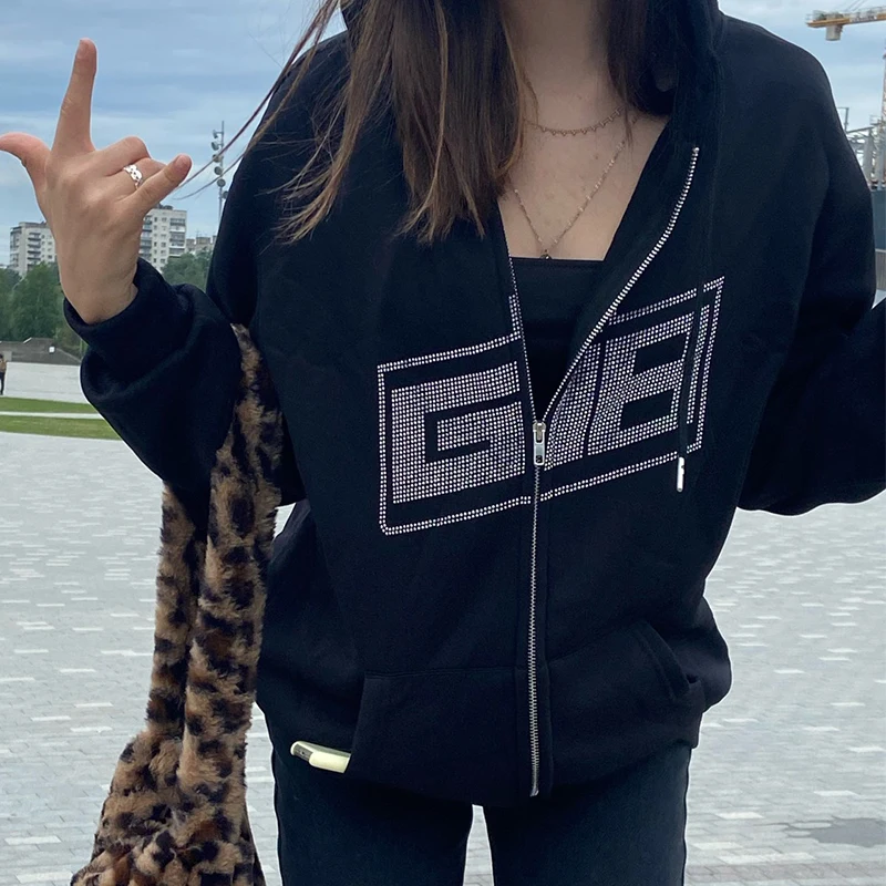 

Women Hip Hop Streetwear Y2K Zipper Oversized Hooded Jacket GIB Rhinestone Print Jacket Coat Autumn Punk Harajuku Jacket Outwear