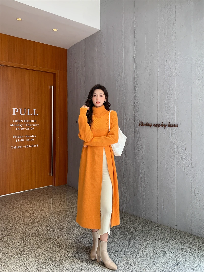 [ZAYAU]2022High Neck Split Wool Dress Knitted Pullover Autumn and Winter New Medium and Long Style Knee Thin Inner Matching Coat