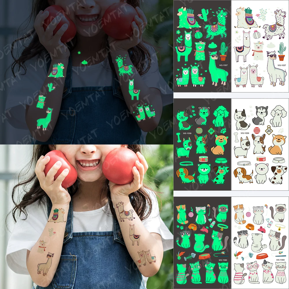 

Luminous Waterproof Temporary Tattoo Sticker Children Alpaca Cat Dog Cute Animal Night Glowing Tatoo Kid Arm Body Art Fake Tatto