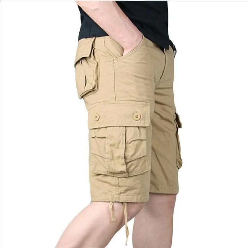 Summer Men\'s Casual Cotton Cargo Shorts Overalls Long Length Multi Pocket Hot breeches Military Capri Pants Male Cropped Pants