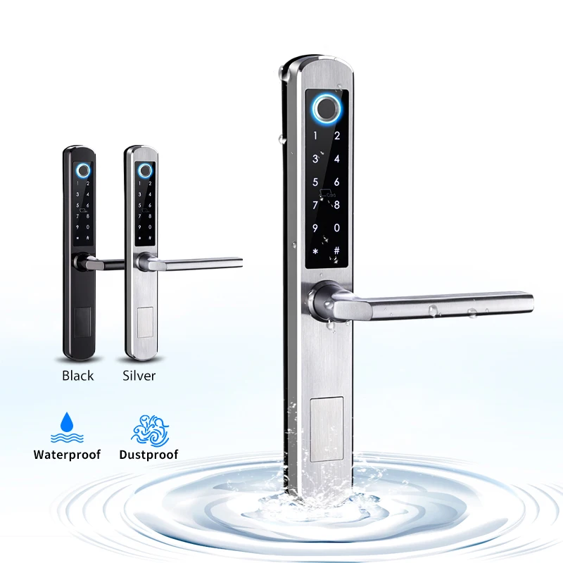 Waterproof Double-sided Gate Lock Fingerprint Lock APP RFID Code Keyless Smart Lock Electronic Door Lock for Aluminum Door/Iron