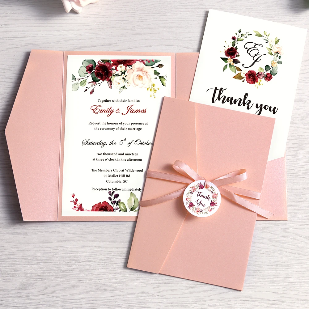 

100pc Wedding Invitation Pink Burgundy Navy Blue Greeting Card with Envelope Party With Ribbon and Tag