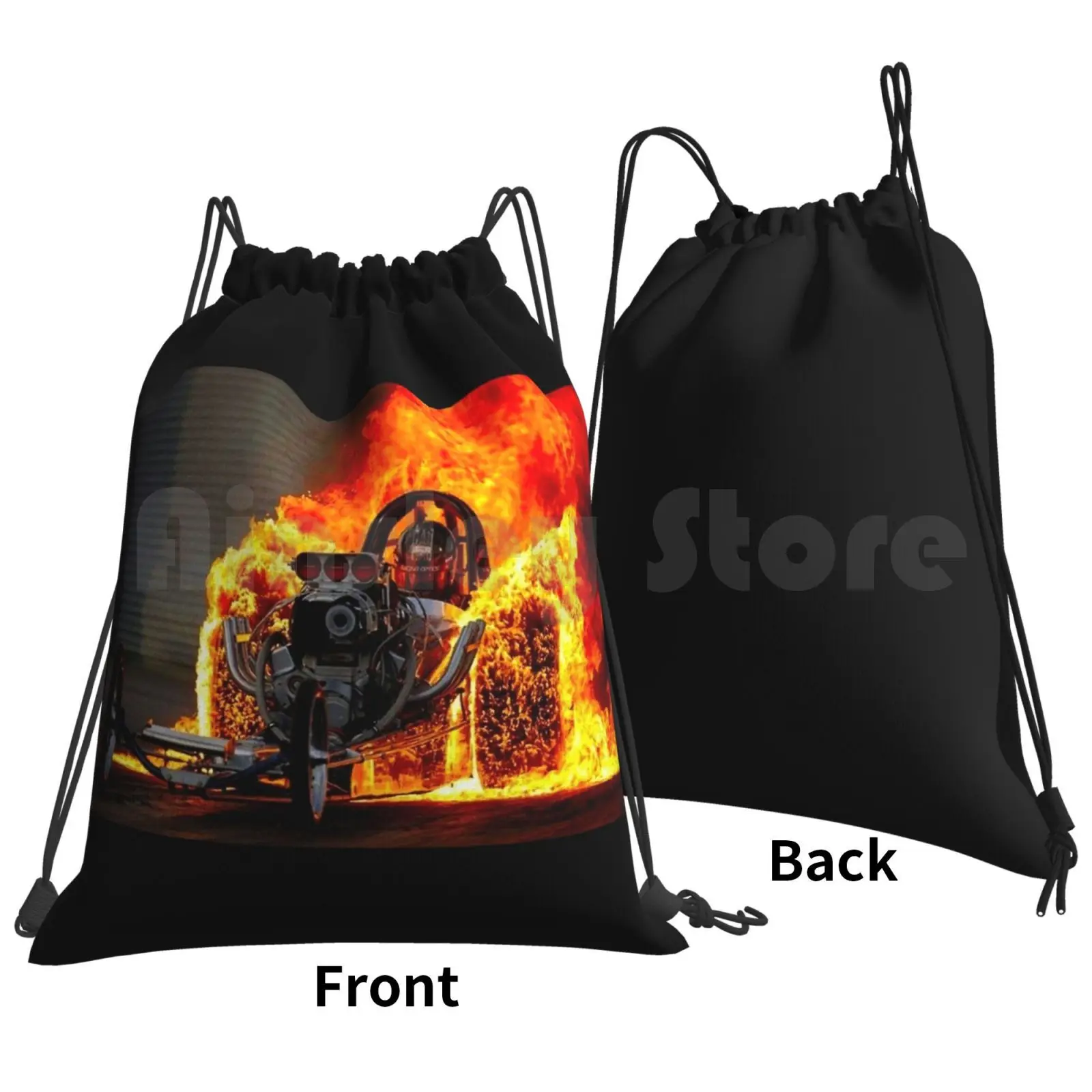 Drag Race ; Vintage Automobile Burn-Out Print Backpack Drawstring Bags Gym Bag Waterproof Drag Race Burn Out Fire Wheels