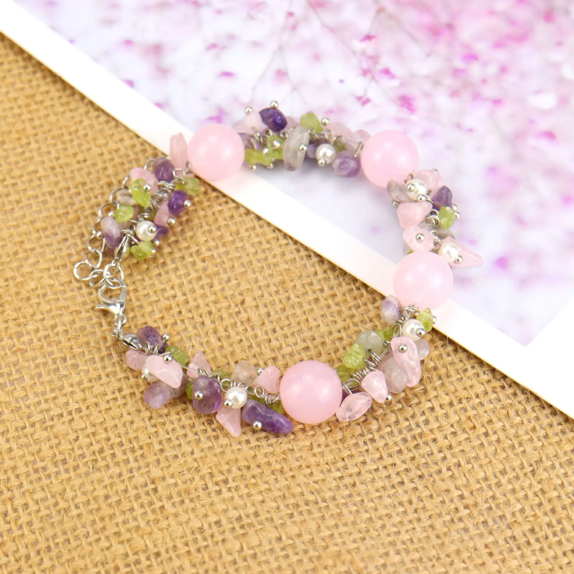 Retro Amethyst Flower Bracelets for Lovers, Natural Crystal Gravels, Rose Quartz, Round Beads, Adjustable