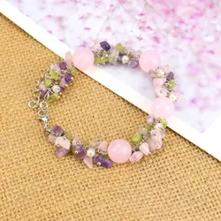 Braccialetti di fiori di ametista retrò per gli amanti, ghiaie di cristallo naturale, quarzo rosa, perline rotonde, regolabili