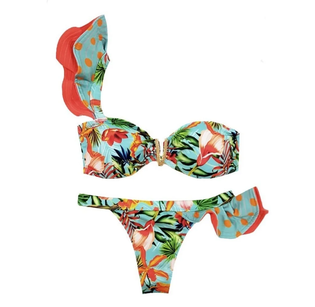 

2021new Sexy One Shoulder Swimwear Women Push Up Swimsuit Female Print Bikini Set Suit Beachwear Thong