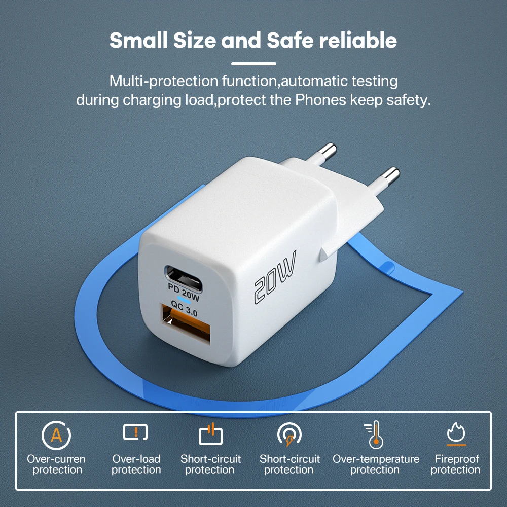 Mini carregador de telefone porta dupla tipo c carregador rápido 20w usb c carregador ue carga rápida para iphone 12 max ipad huawei xiaomi samsung