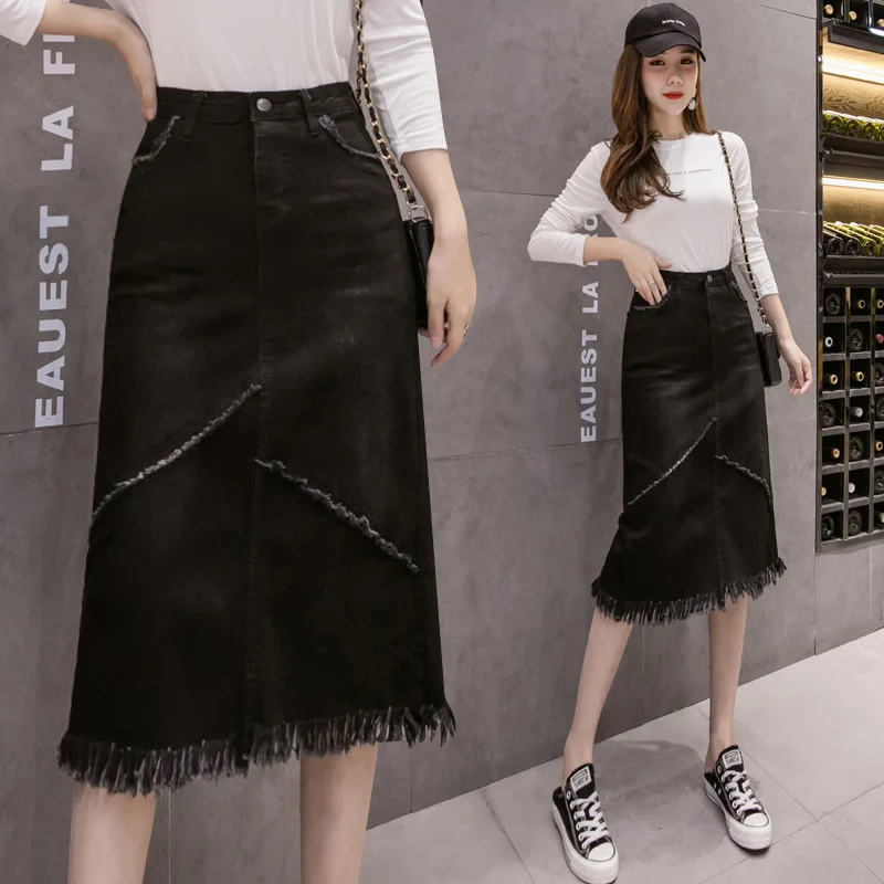 Black Patchwork Jeans Skirt Women 2021 Spring Autumn Fashion High Waist Tassel Denim Skirt Lady Causal A-Line Knee-Length Skirt