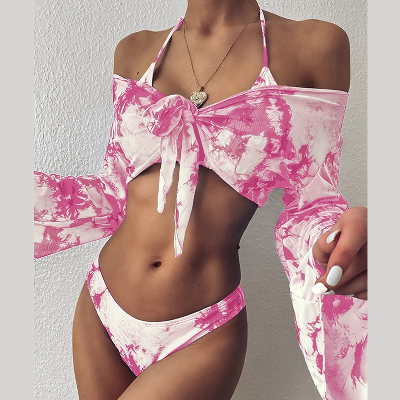 

JyoJyo Sexy 3 piece swimsuit with long mesh cover up Tie dye bikinis 2021 mujer Knot swimwear women bathing suit bathers summer