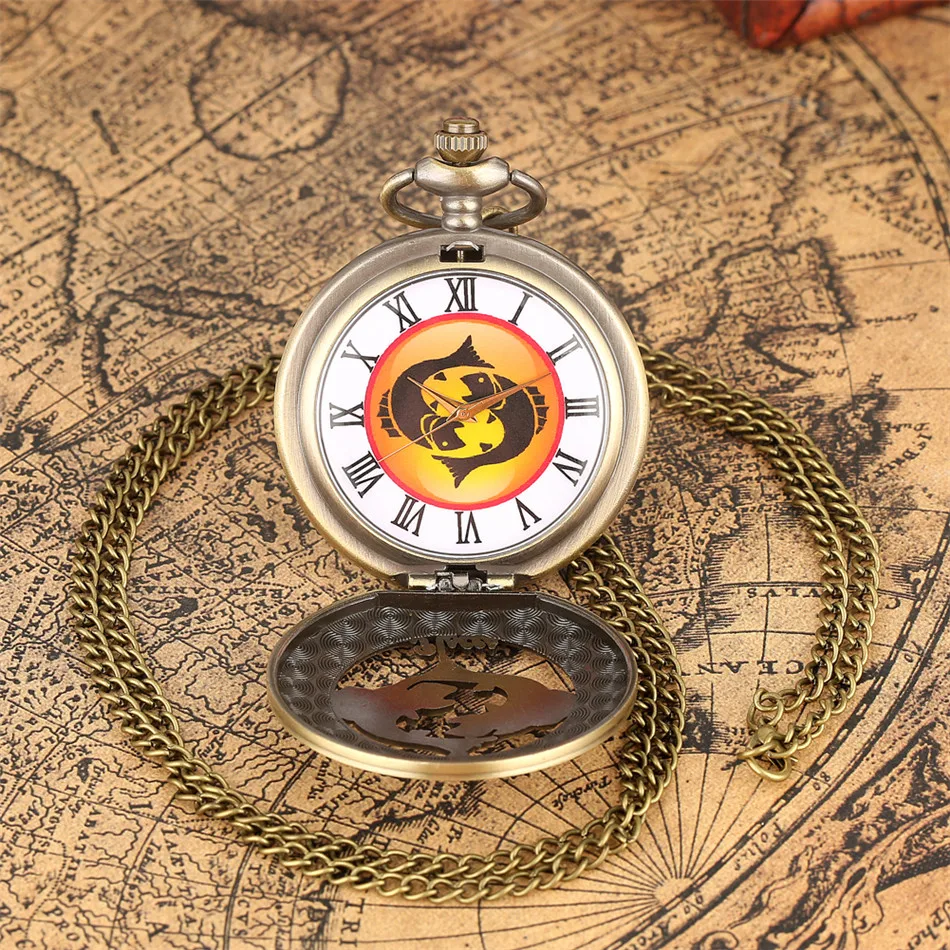 Antique Bronze Constellations Theme Quartz Necklace Pocket Watch Collection Pendant Clock Gifts for Men Women Kids