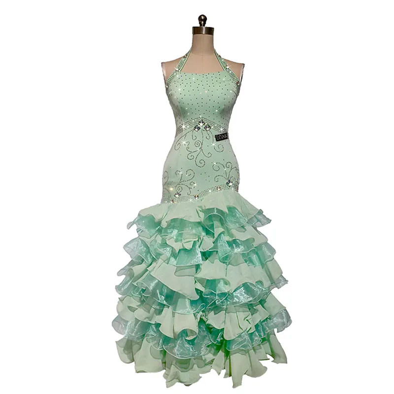 Ballroom Dance Standard Competition Costume Performance Custom Adult Mint Green Slim Dance Dress