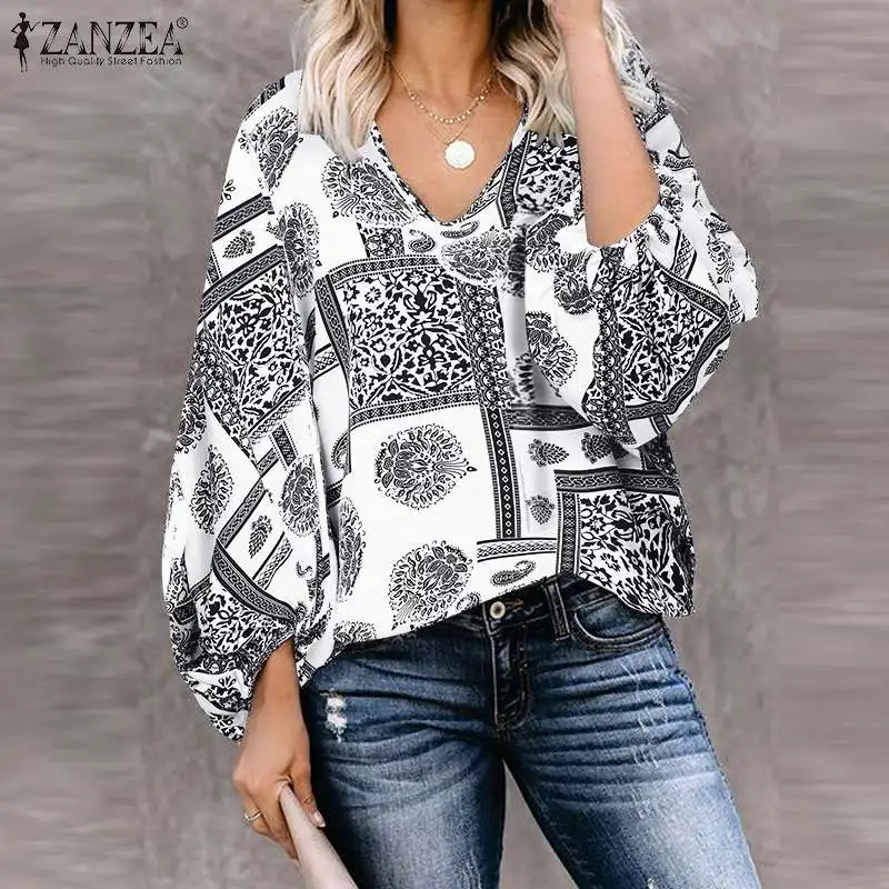 ZANZEA Women Blouse Autumn V Neck Long Sleeve Shirt Vintage Floral Printed Holiday Tops Femme Casual Party Blusas Loose Tunic