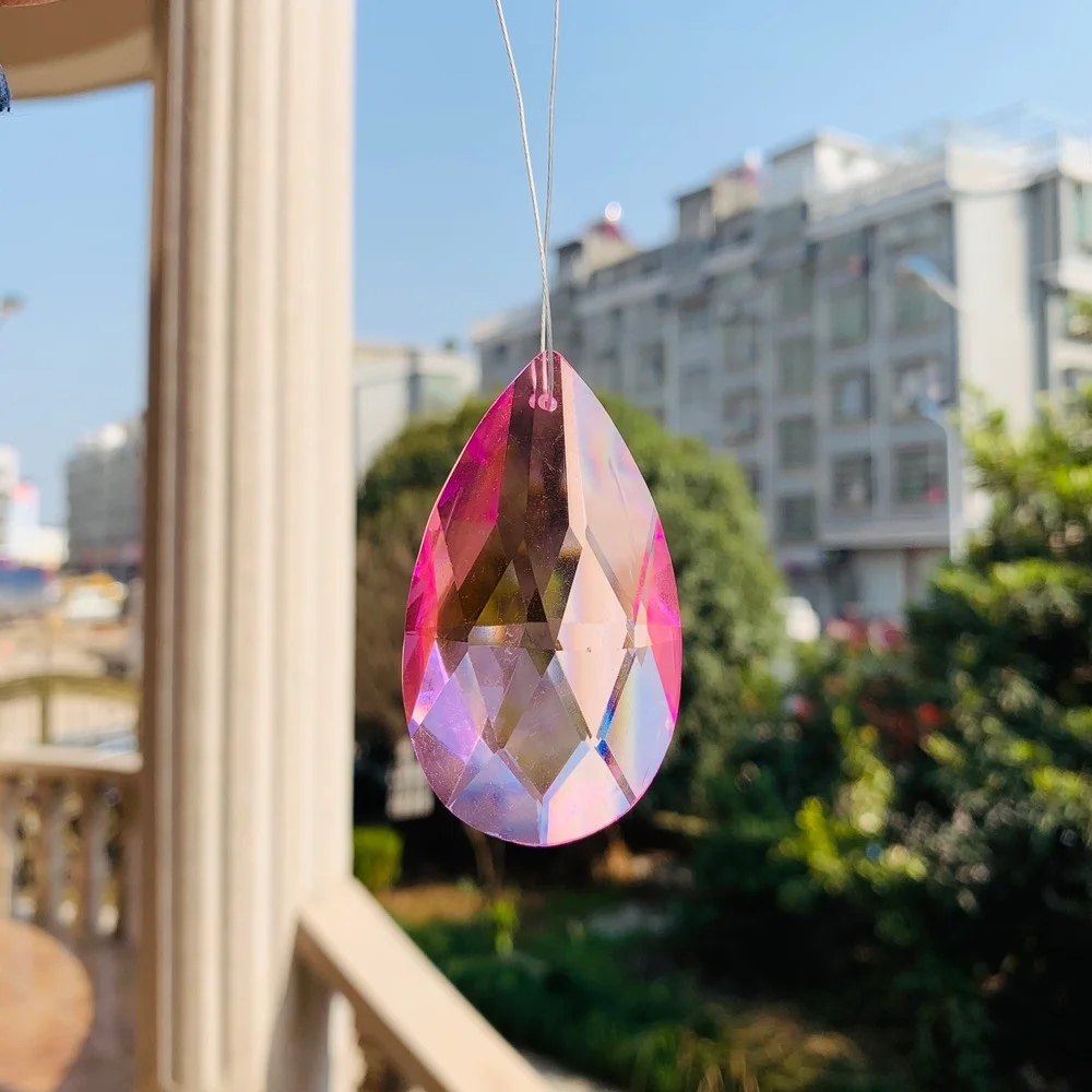 

63mm Pink Teardrop Crystal Pendant Suncatcher Crystal Prisms Chandelier Parts Accessories Hanging Drops DIY Home Wedding Decor