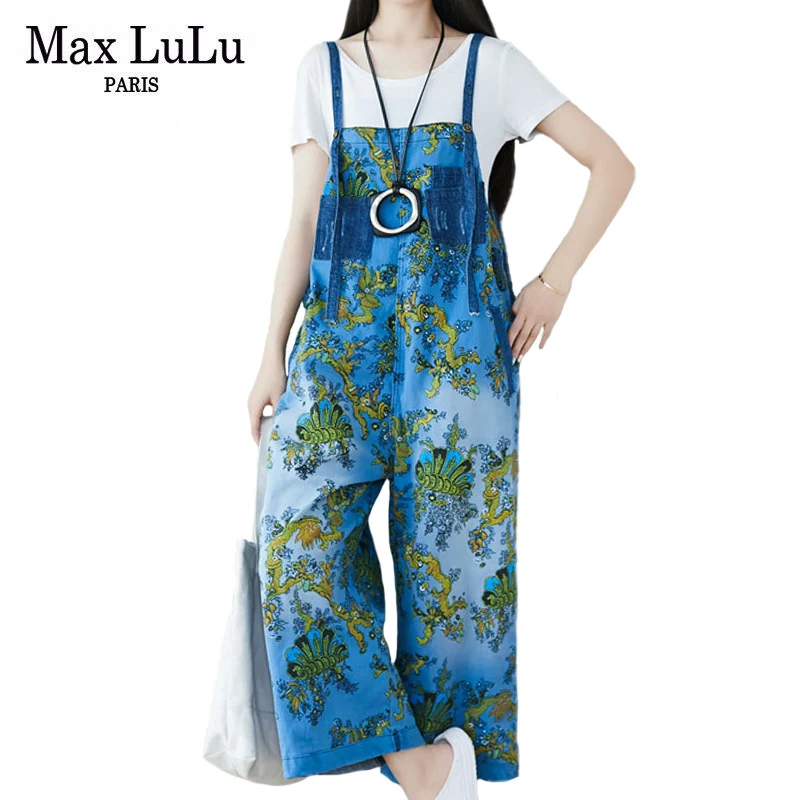 Max LuLu European Fashion Style Spring Womens Printed Denim Overalls Ladies Vintage Bleached Jeans Female Oversized Pantalons