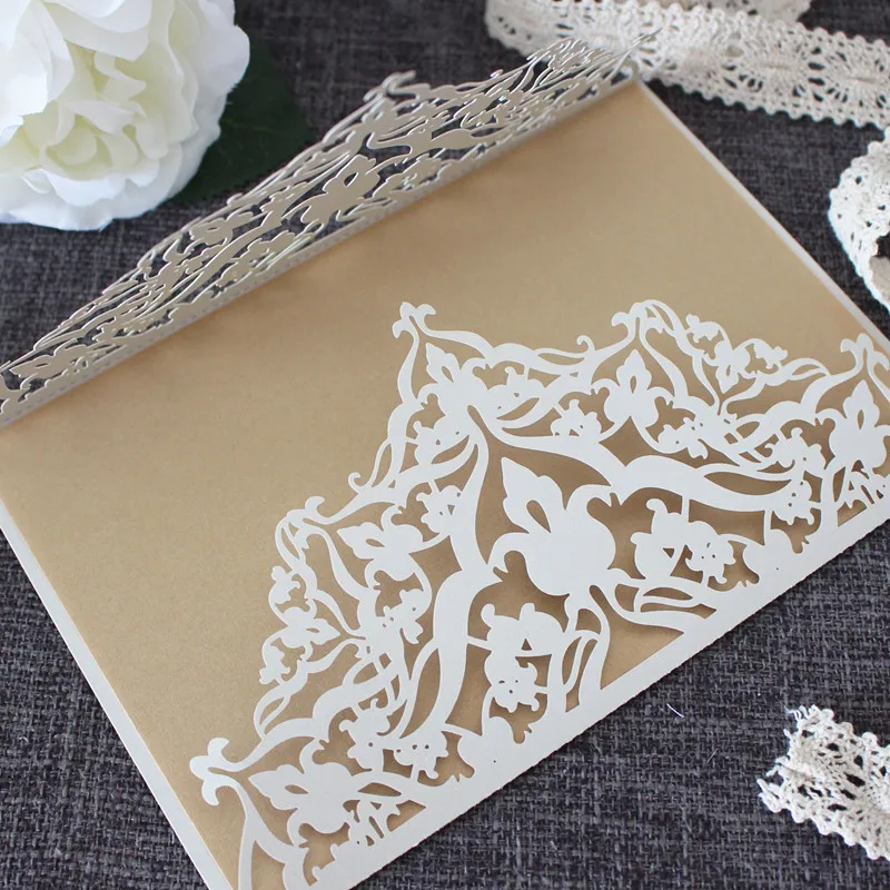 

White country rustic wedding card blank gold insert offer personalized printing 50pcs