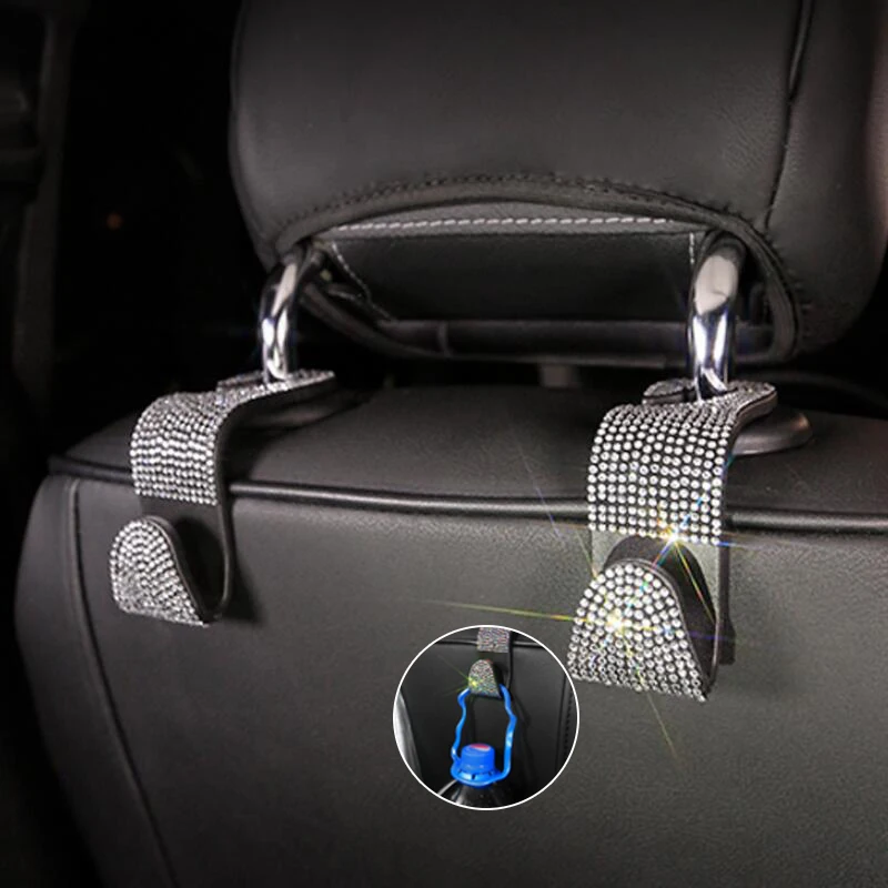 Universal Car Seat Back Hook Diamond Bling Rhinestones Portable Car Accessories Interior Hanger Holder Storage for Car Bag Purse