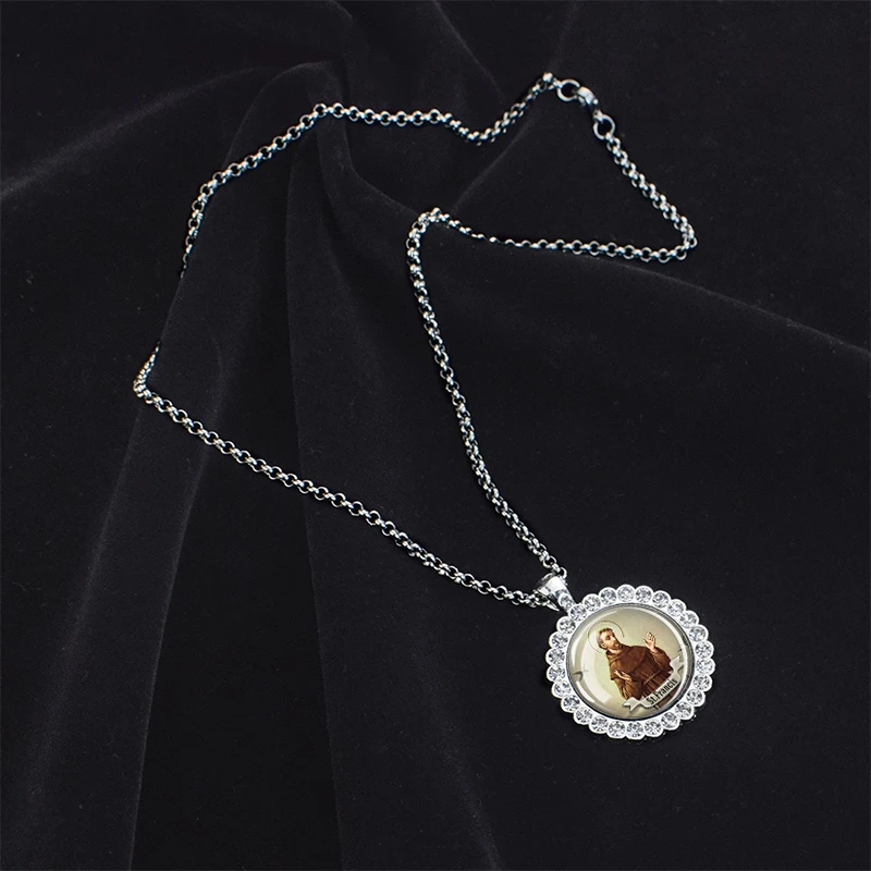 12 Christian Saint Necklace Cabochon Glass Rhinestone Pendant St Therese Francis Jude Paul Anthony Necklaces Religious Jewelry