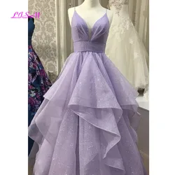 Purple Tulle Long Evening Dresses Sweetheart Sleeveless Ruffled Prom Dress Shining Formal Party Gowns