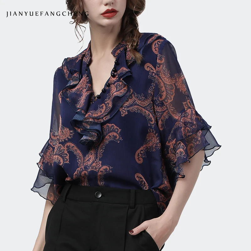 Chiffon Women Summer Blouse Fashion Printed Half Sleeve Ruffles Beaded V-Neck Top Loose Plus Size Ladies Female Casual Blouses