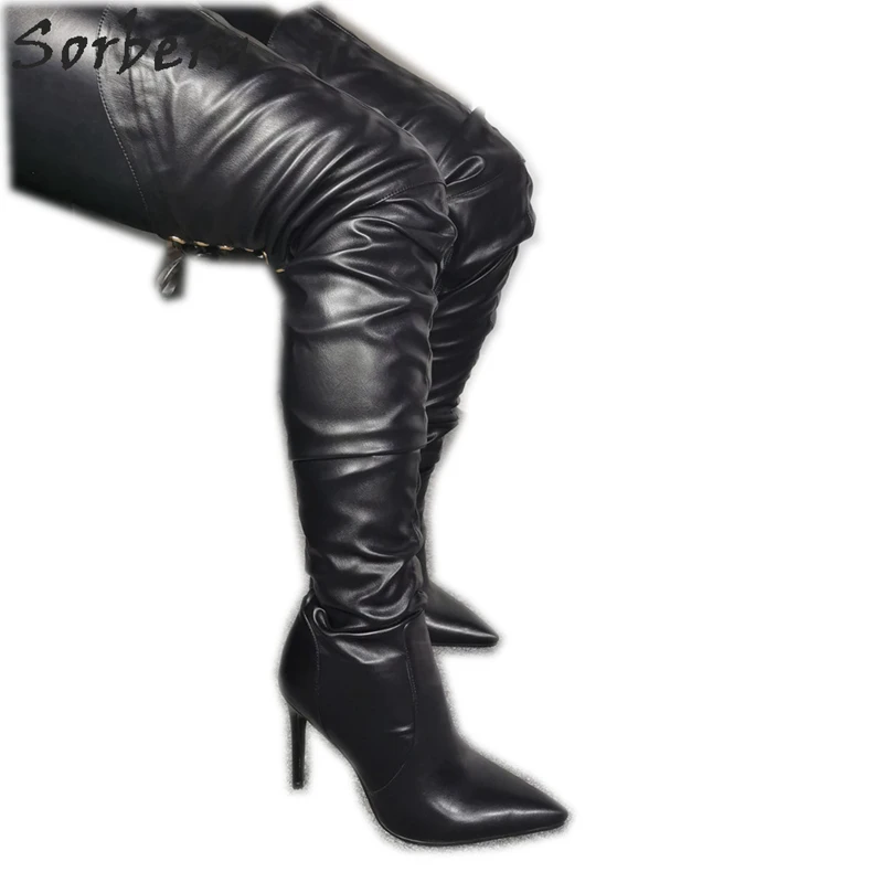 

Sorbern Black Matt Mid Thigh High Boots Women Stilettos High Heel Custom Long Boot Stilettos Pointed Shoes Lace Up Back