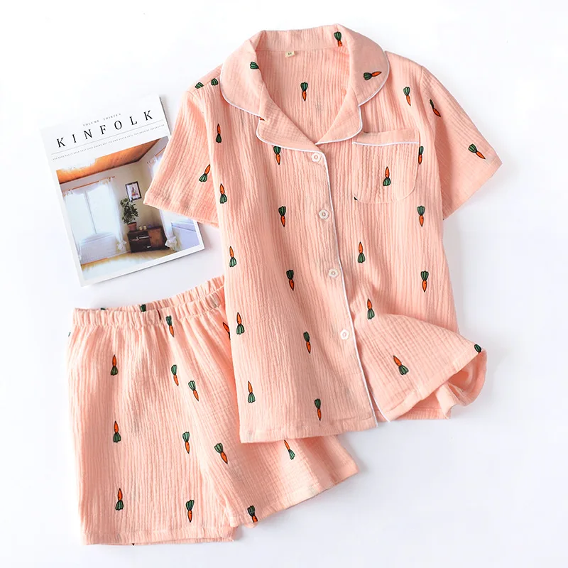 New ladies pajamas suit summer comfortable cotton gauze lapel pajamas suit women thin loose cartoon carrot printing home service