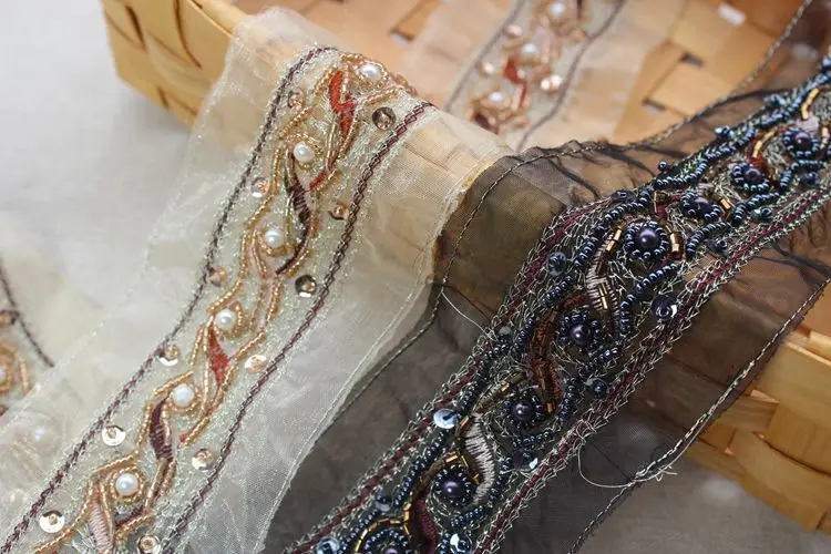 Wide 7CM national style European root yarn beaded lace trim clothing accessories DIY belt headwear Mesh Beaded Lace material