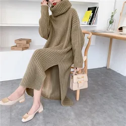 Mohair Autumn Winter Thick Long Sweater Dress Women Side Slit Turtleneck Low-high Design Over Knee Oversize Knitted Dress