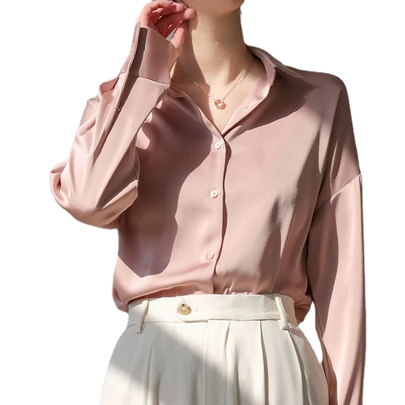 New Light Pink Satin Shirt Women\'s Loose Long Sleeve Solid Button Shirt Up Women Tops and Blouse Elegant Office Wear Ladies 2601