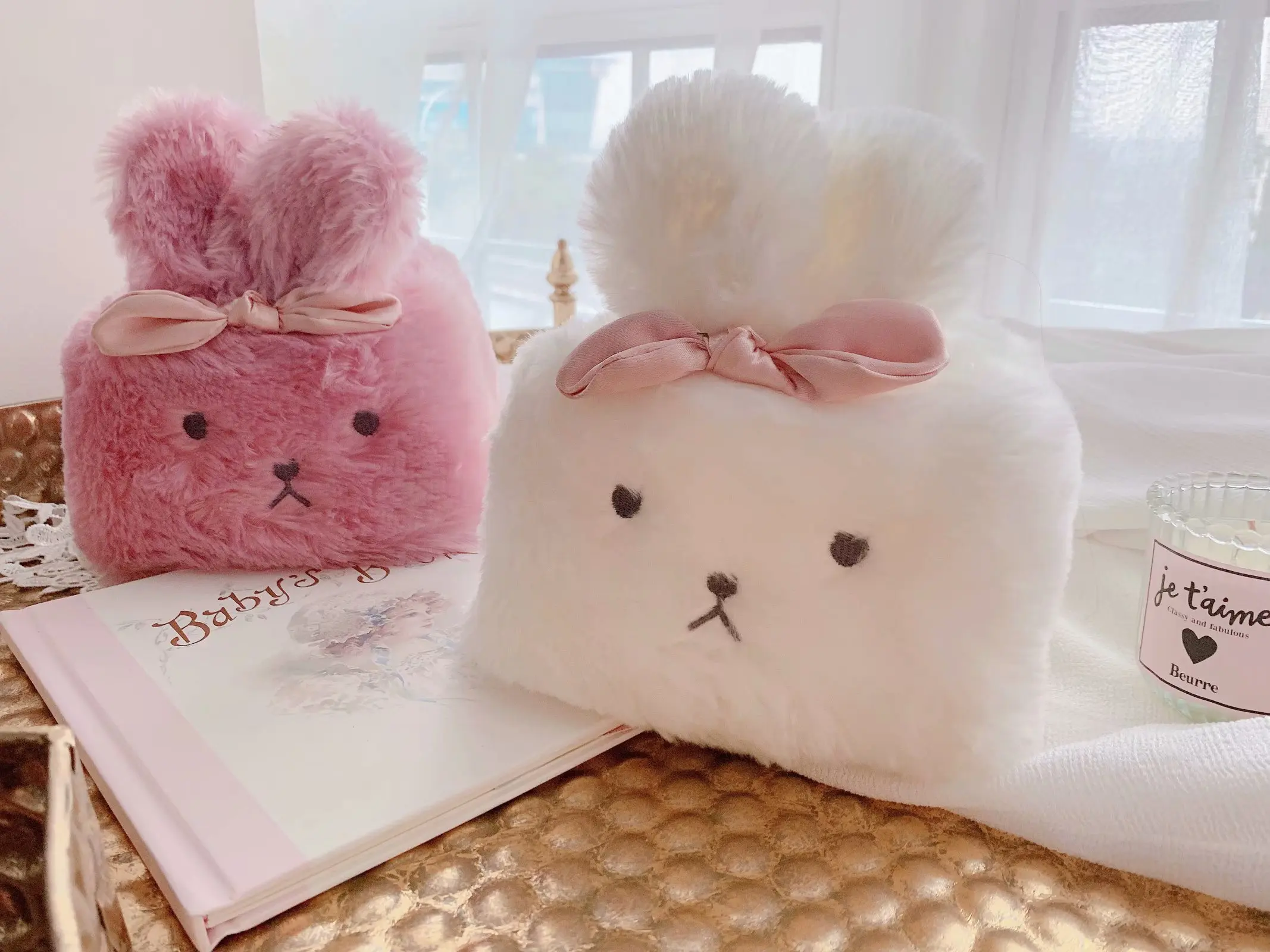 

Fashion new Tissue case lovely Pink Rabbit Plush car living room roll paper box cover cartoon soft removable tissue case gifts