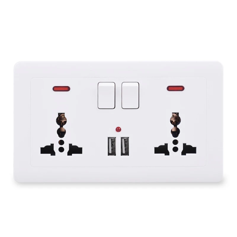 

Power Socket 2 Gang Universal 3 Hole Switched Outlet With Neon 2.1A Dual USB Charger Port LED Indicator 146mm*86mm