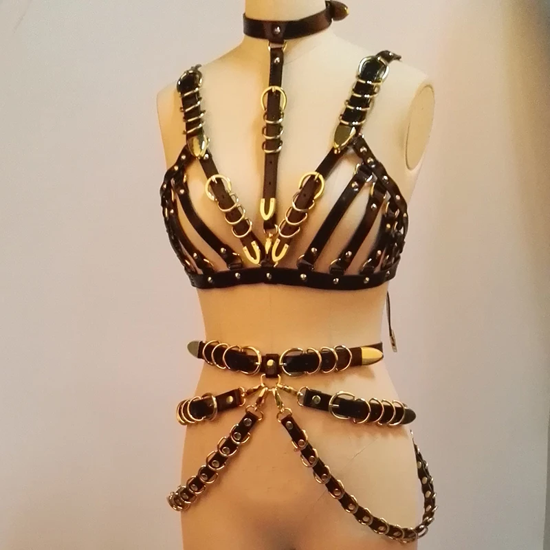 100% Handmade Handcrafted Harness Heavy Duty Gold Leather Bra Choker Top Waist Cincher Belts