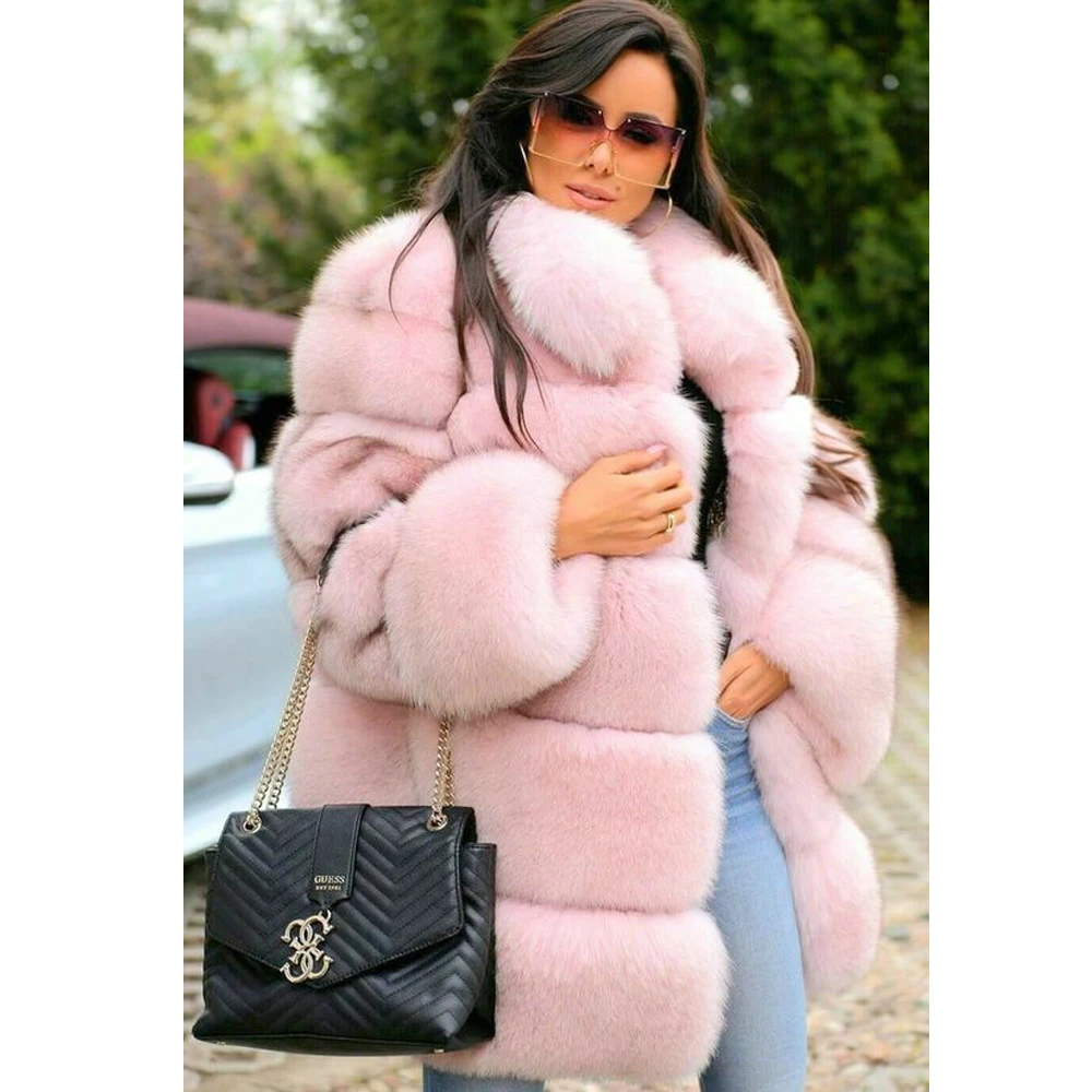 Light Pink Real Fox Fur Jacket Medium Length Natural Women Genuine Fox Fur Coat Stand Collar Woman Winter Fur Overcoat Trendy