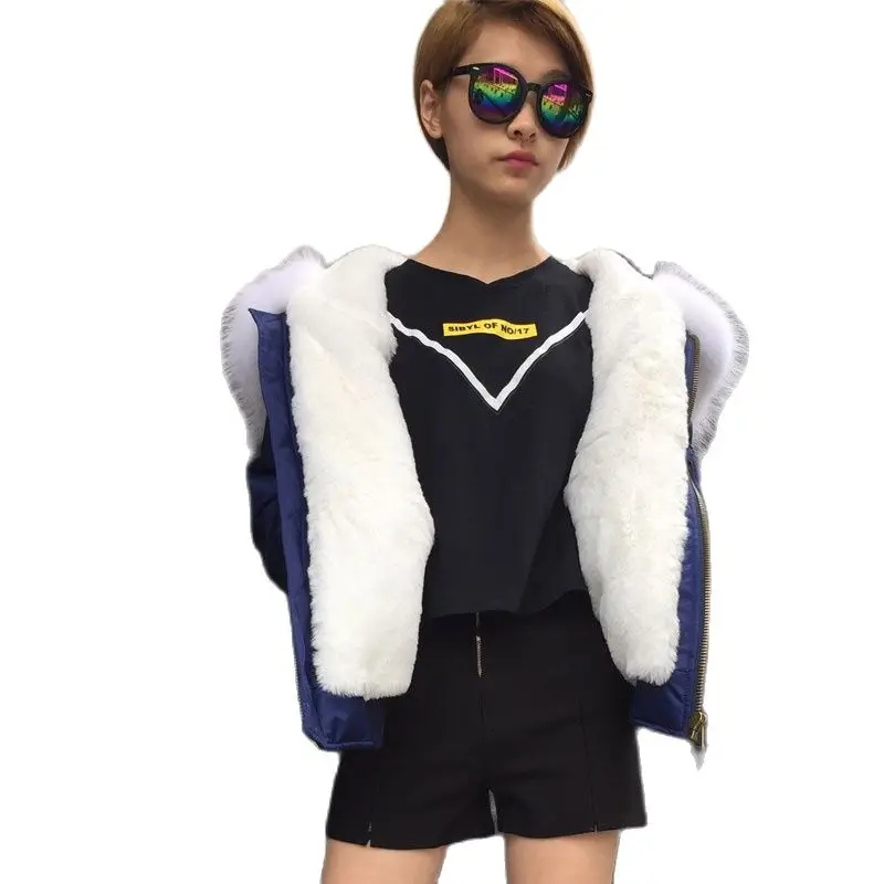 Fashion Navy Bomber Short Style Winter Causal Wear,White Huge Raccoon Collar Mr Mrs Wear